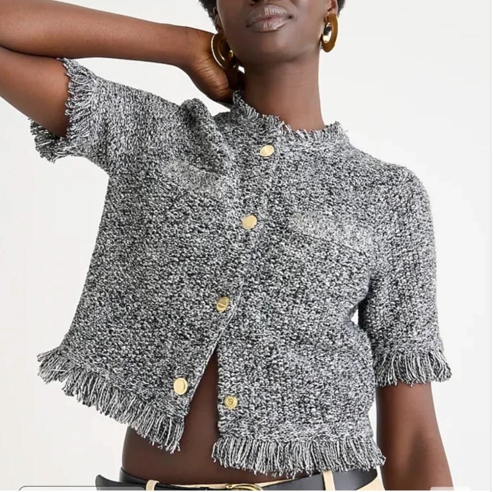 J. Crew Cropped Fringe Trim Lady Jacket in Marled Yarn Black Ivory BS961 Size S